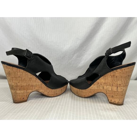 Franco Sarto Black Leather Peep Toe Cork Wedge Sandal Reg Size 6.5 - Picture 6 of 8
